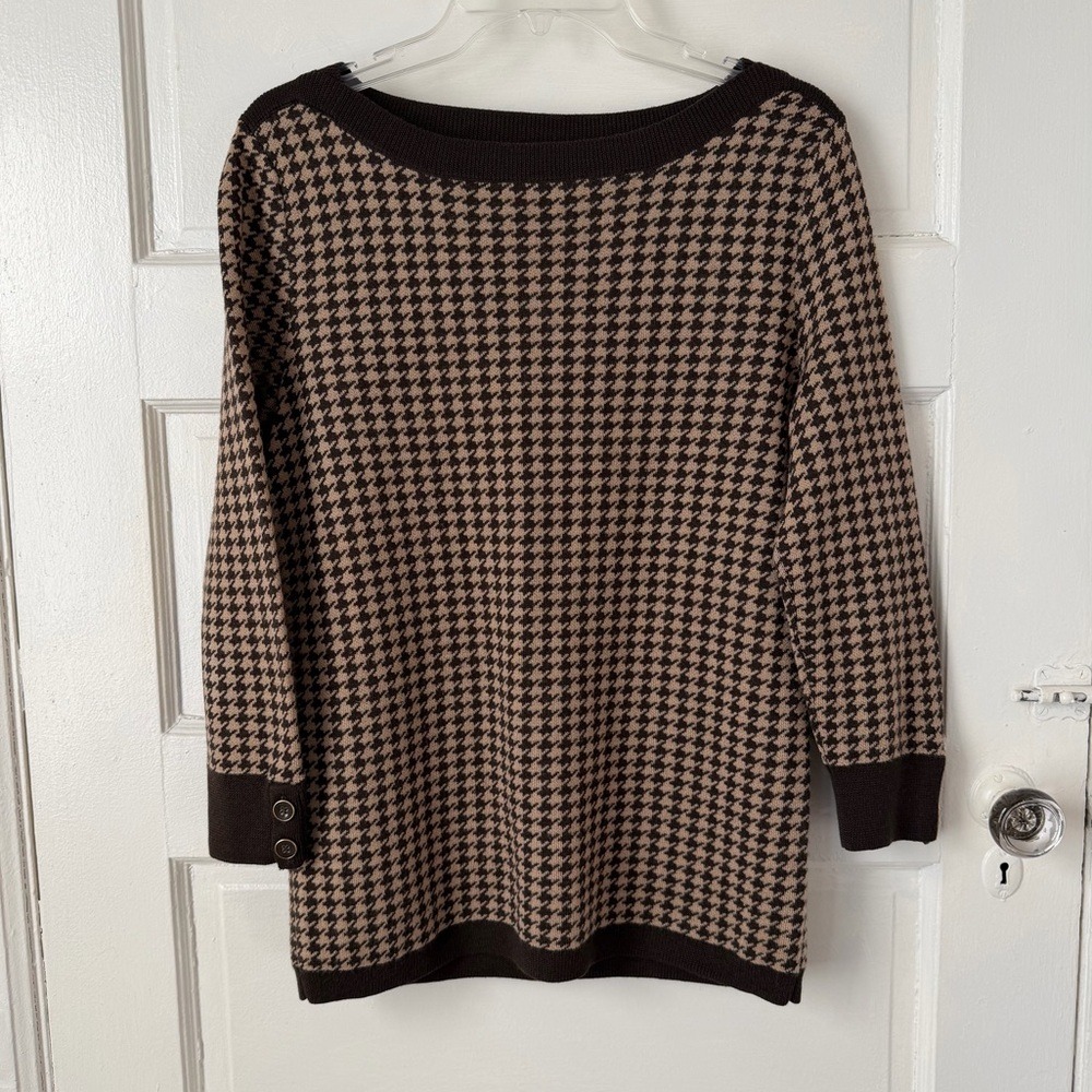 Talbots Merino Wool Brown Houndstooth Sweater‎ Boat Neck Preppy Classic Office M - Picture 14 of 14